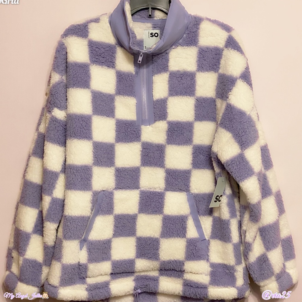 Juniors' SO® Quarter 1/4 Zip Sherpa Pullover Purple Check Jacket